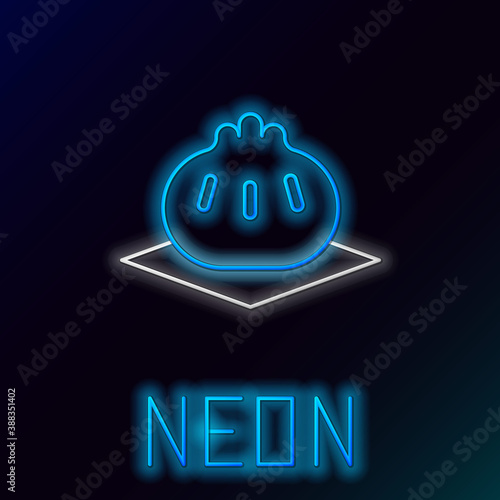 Glowing neon line Khinkali on cutting board icon isolated on black background. Traditional georgian dumpling. Colorful outline concept. Vector.