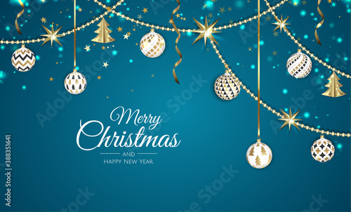 Merry Christmas and Happy New Year Holiday white banner illustration. Xmas design with realistic vector 3d objects, golden christmass ball, snowflake, glitter gold confetti.