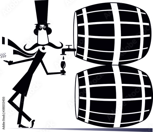 Cartoon long mustache man, wine, tuns illustration. Funny long mustache man in the top hat smokes a cigar and drinks wine from the big tun black on white
