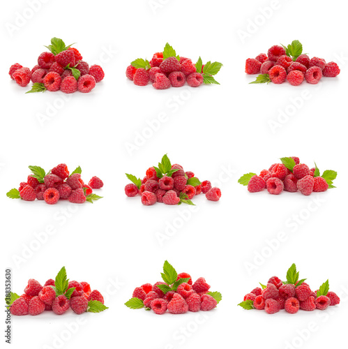 Raspberries collection with leaf isolated on white background © Nana_studio