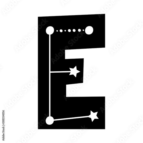 Celestial themed letter E. Constellation concept hand drawn letter. Vector illustration.