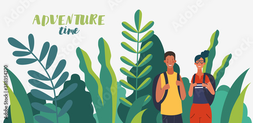 Young, smiling couple with backpacks. Travel, vacation, holidays and adventure vector concept illustration. Summer landscape background. Poster design style
