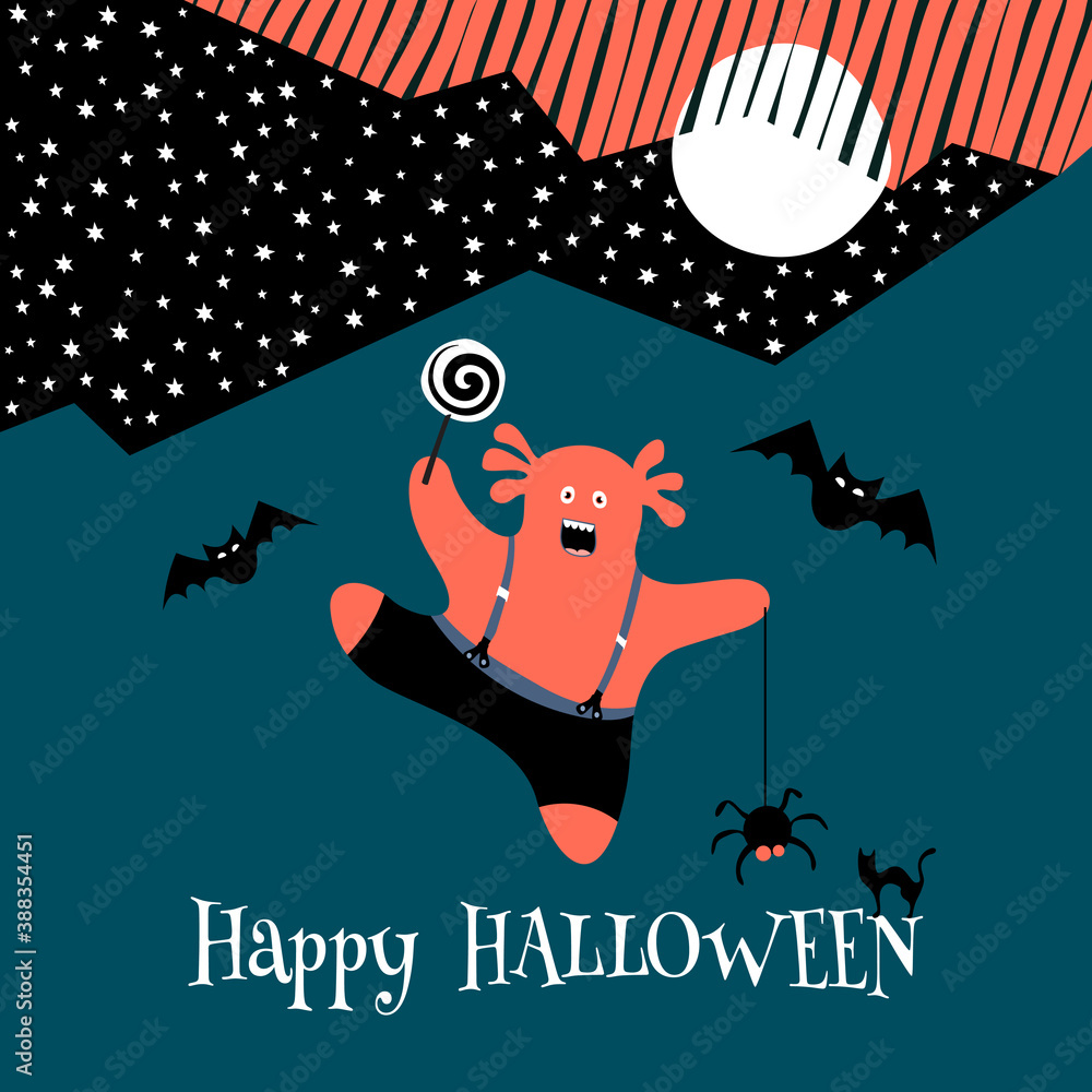 Vector Halloween poster design with halloween symbols, monsters and calligraphy. Funny halloween card.