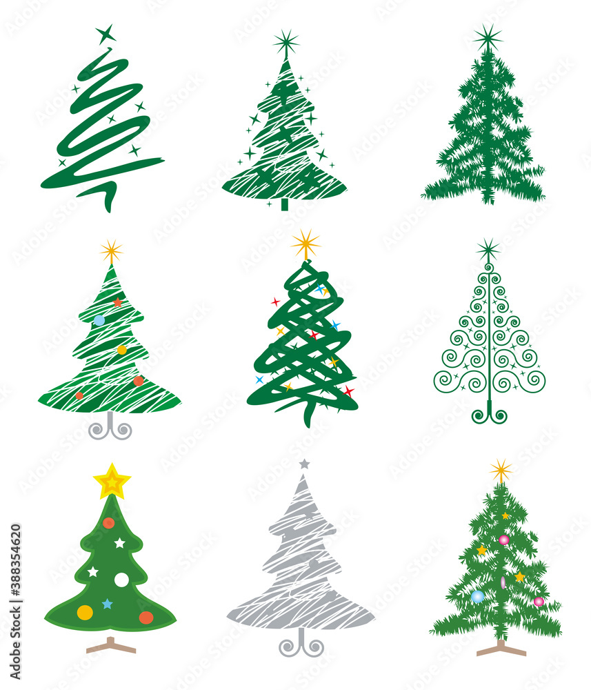 Christmas trees.
Set of nine stylized christmas trees.Vector available