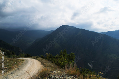 View of the mountains of the North Caucasus. Mountains in the clouds in summer