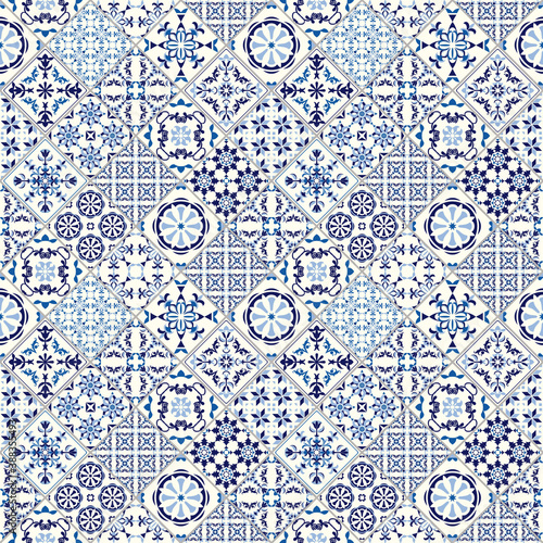 Vector seamless tile pattern. Abstract background. Ceramic tiles. Indigo blue flower azulejos decoration