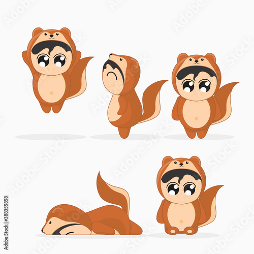 set of funny cartoon animals squirrel costume character with happy kid inside