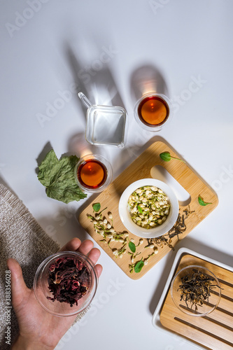 Chinese tea ceremony, herbal tea. Traditional Asian black tea. on a white background, top view. flat lay