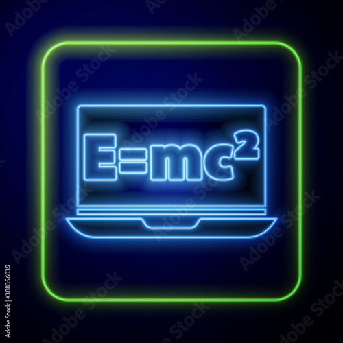 Glowing neon Math system of equation solution on laptop icon isolated on blue background. E equals mc squared equation on computer screen. Vector.
