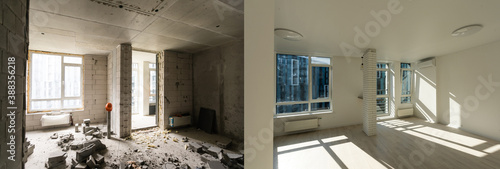 Modern interior design of big living-kitchen studio room, before and after