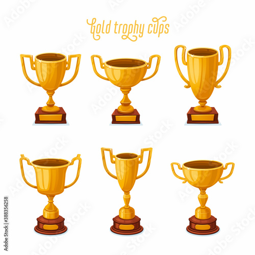 Gold trophy cups. Set of a golden award cups in different shapes - 1st place winner trophies.
