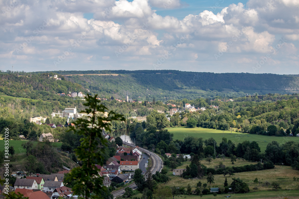 Panorama of the castle ruins Rudelsburg and Saaleck in the landscape and tourist area Saale valley on the river Saale near the world cultural heritage city of Naumburg, Saxony Anhalt, Germany