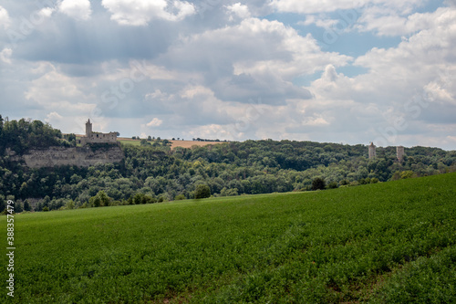 Panorama of the castle ruins Rudelsburg and Saaleck in the landscape and tourist area Saale valley on the river Saale near the world cultural heritage city of Naumburg  Saxony Anhalt  Germany