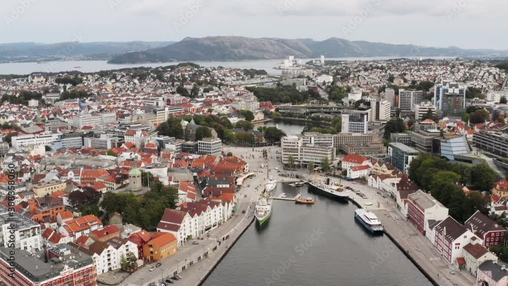 Downtown Stavanger City, Norway, Cruise Ship Harbor and Valberget Hill, Aerial View of Cityscape Skyline Downtown Stavanger City, Norway, Cruise Ship Harbor and Valberget Hill, Aerial View of Cityscape Skyline