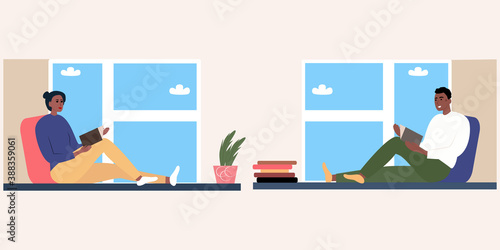 Portrait of a black man and woman who are reading while sitting on the windows at home. Cartoon flat vector. A family in warm sweaters is relaxing together reading books. Home schooling concept. Rest 