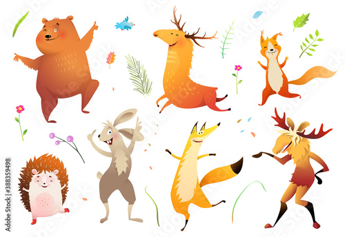 Forest wild baby animals collection for kids bear fox moose hedgehog and squirrel and other pets. Cute wildlife set for children design, vector character illustration in watercolor style.