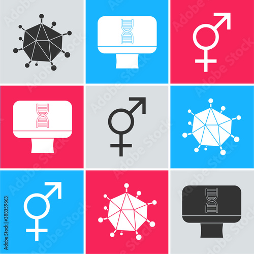 Set Virus, DNA spiral and computer and Gender icon. Vector.