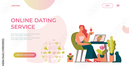 Online dating service application template. Video chats of first meetings. Concept for landing page on social media,dating website app. Flat cartoon vector illustration.