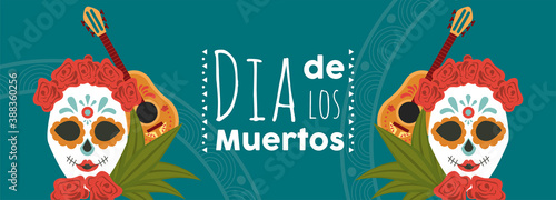 dia de los muertos poster with katrina skulls and guitars