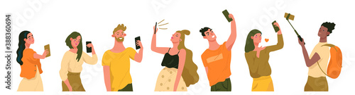 Group of young stylish women and men holdings smartphone, taking selfies. Selfies creative concepts. Flat cartoon vector illustration for designers templates