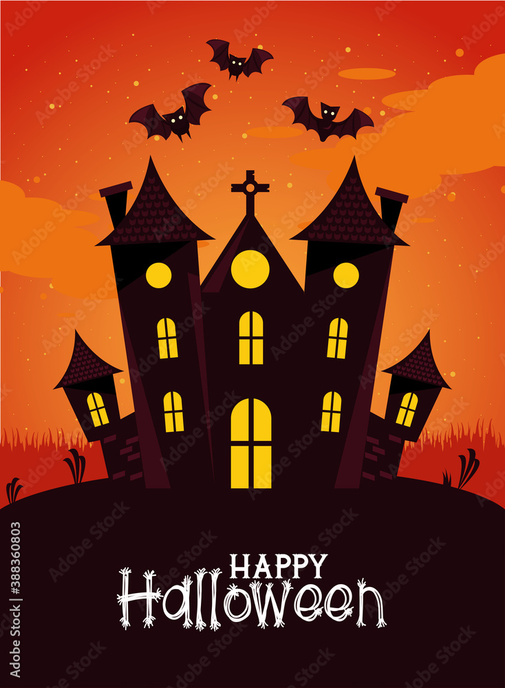 happy halloween celebration card with haunted castle and bats