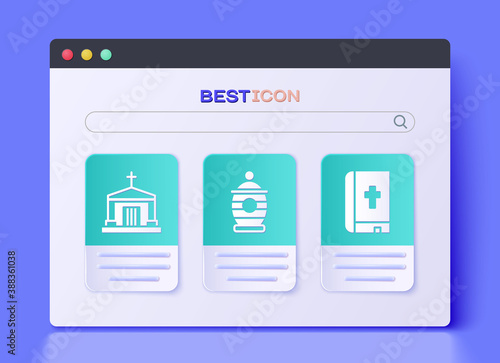 Set Funeral urn, Old crypt and Holy bible book icon. Vector.