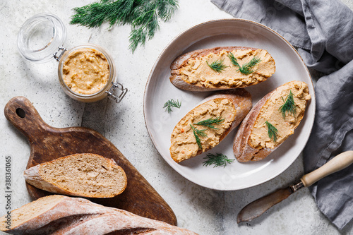 Toasts with pate and fresh dill. Healthy appetizer.