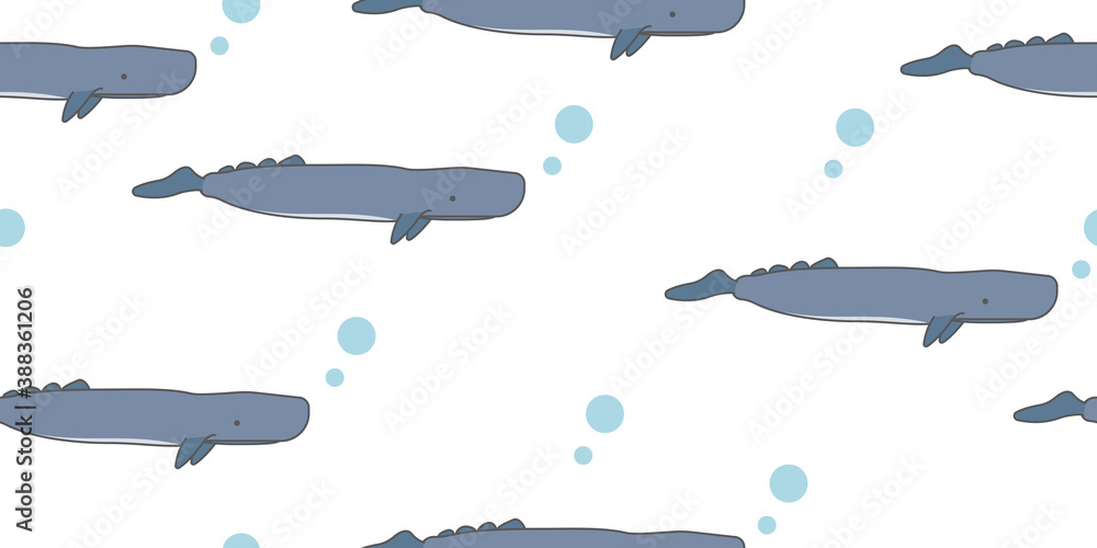 Fototapeta premium Whale seamless pattern, A cute Sperm whale on a white background. 