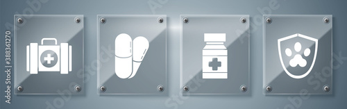 Set Animal health insurance, Dog medicine bottle and pills, Dog and pills and Pet first aid kit. Square glass panels. Vector.