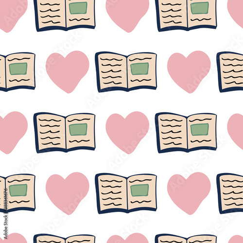 Seamless vector colorful pattern illustration of opened books and hearts