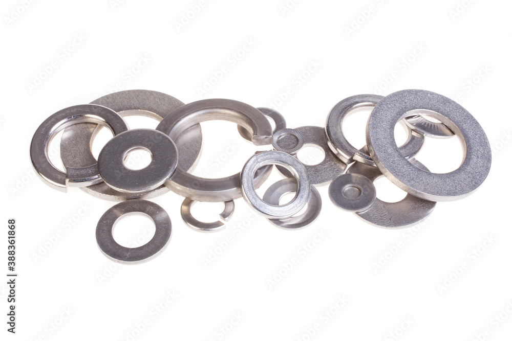 New washers and spring washers, solated white background New washers and spring washers, solated white background