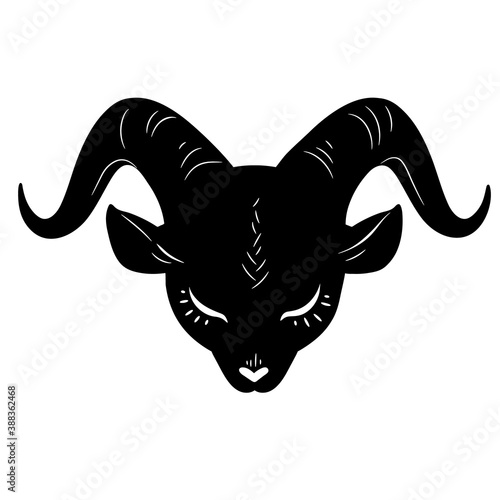 cartoon black head of cute goat with closed eyes