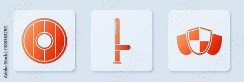 Set Police rubber baton, Round wooden shield and Shield. White square button. Vector.