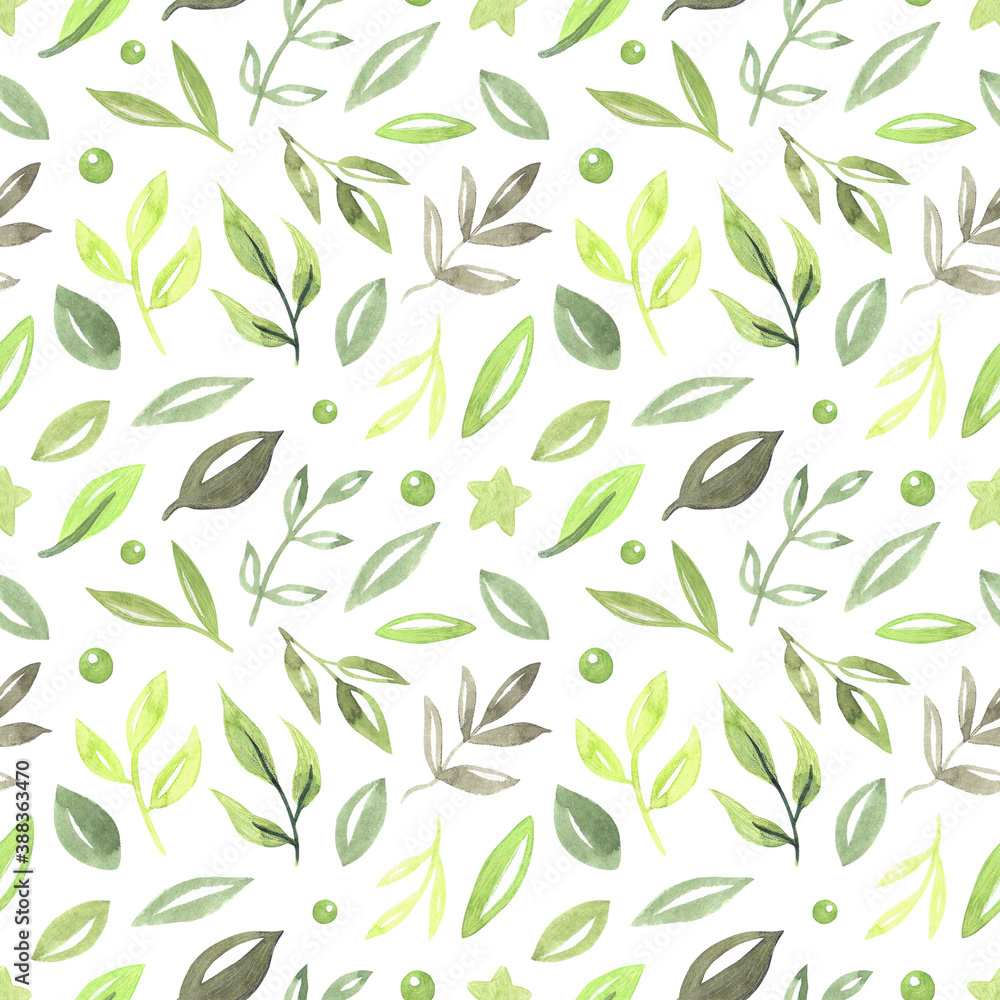 Fototapeta premium Seamless pattern with green leaves, illustration in vintage watercolor style.