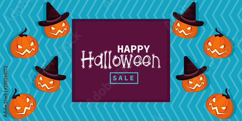 happy halloween celebration card with pumpkins and lettering