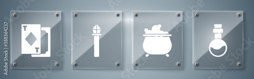 Set Bottle with love potion, Witch cauldron, Magic staff and Playing cards. Square glass panels. Vector.