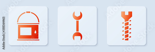 Set Wrench spanner, Paint bucket and Metallic screw. White square button. Vector.