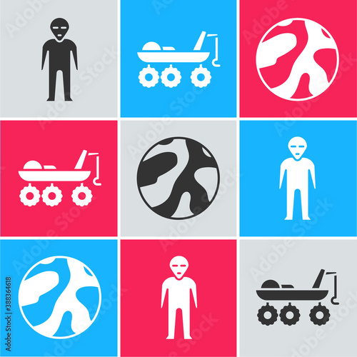 Set Alien, Mars rover and Planet icon. Vector.