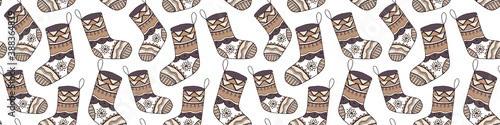 Nice Christmas stocking vector seamless pattern. Festive decorative illustration with doodle hand drawn sock in calm winter palette for wrapping paper, wallpaper, textile