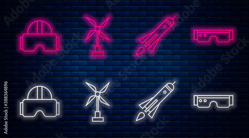 Set line Wind turbine, Rocket ship with fire, Virtual reality glasses and Smart glasses. Glowing neon icon on brick wall. Vector.