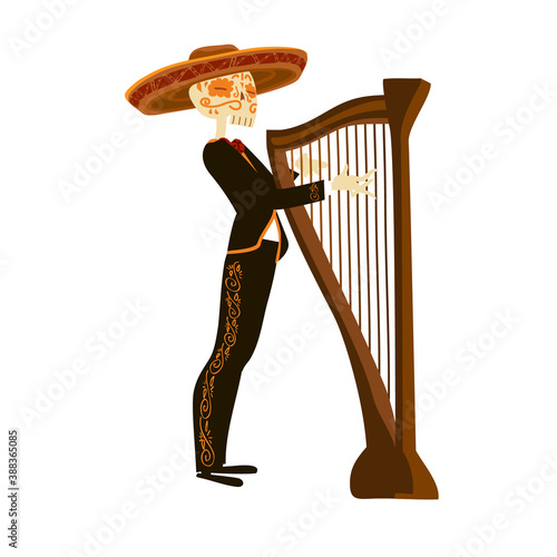 Mariachi skeleton in sombrero playing a harp