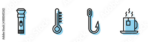Set line Fishing hook, Flashlight, Meteorology thermometer and Cup of tea with tea bag icon. Vector.
