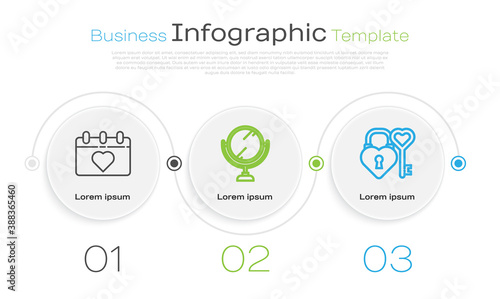 Set line Calendar with 8 March, Round makeup mirror and Castle and key in heart shape. Business infographic template. Vector.