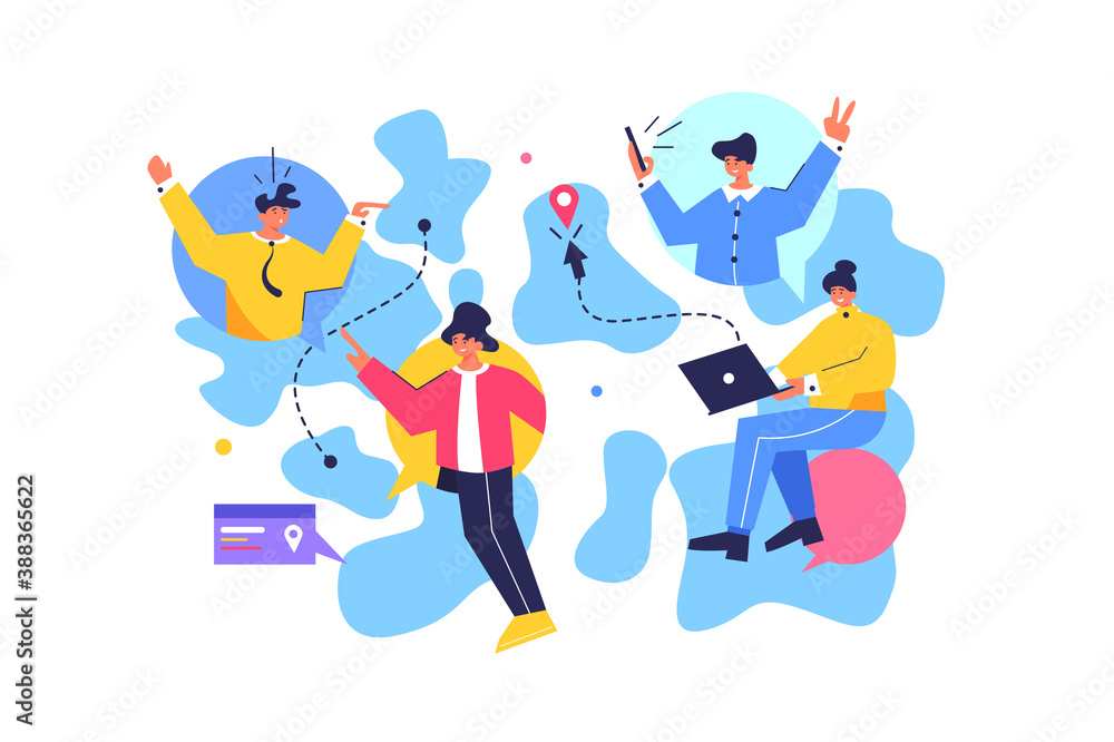 People are around the world and communicate with each other via the Internet, world map isolated on white background, flat vector illustration People are around the world and communicate with each other via the Internet, world map isolated on white background, flat vector illustration