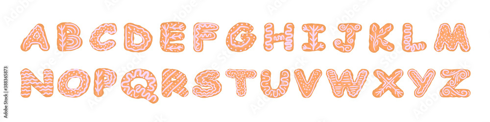 Set of alphabet letters and numbers symbols festive christmas gingerbread cookies cakes with icing. funny cartoon font vector illustration isolated on white Set of alphabet letters and numbers symbols festive christmas gingerbread cookies cakes with icing. funny cartoon font vector illustration isolated on white