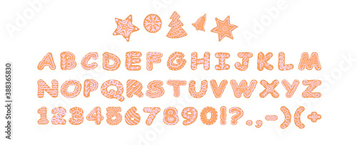 Set of alphabet letters and numbers symbols festive christmas gingerbread cookies cakes with icing. funny cartoon font vector illustration isolated on white