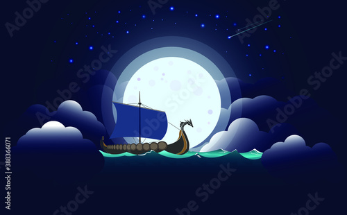 Drakkar vikings or barbarians in the moonlight, raid. Vector illustration