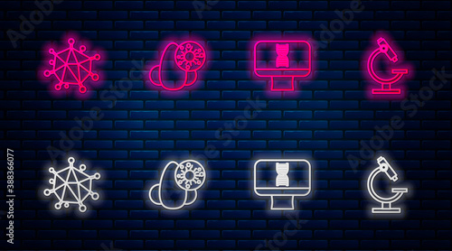 Set line Runny nose and virus, DNA spiral computer, Virus and Microscope. Glowing neon icon on brick wall. Vector.