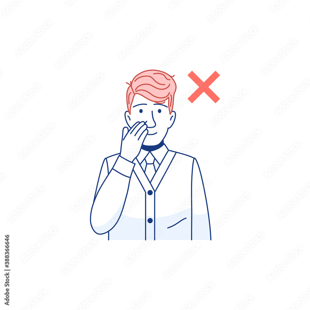 Avoid touching your face line flat icon. Man touch his face with his hand. Flu or cold coronavirus virus prevention protection concept. Respiratory infection transmission. Outline vector illustration. Avoid touching your face line flat icon. Man touch his face with his hand. Flu or cold coronavirus virus prevention protection concept. Respiratory infection transmission. Outline vector illustration.