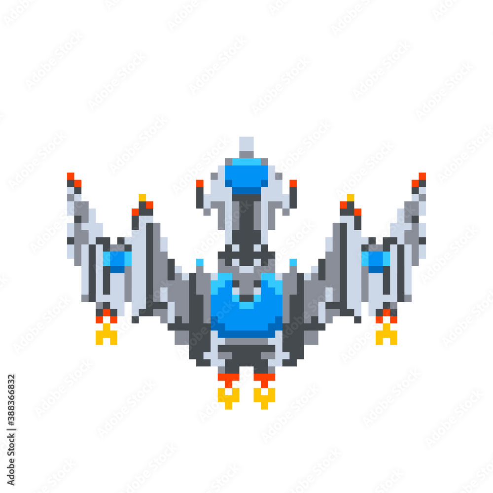 Obraz premium Powerful spaceship, game hero in pixel art style on white